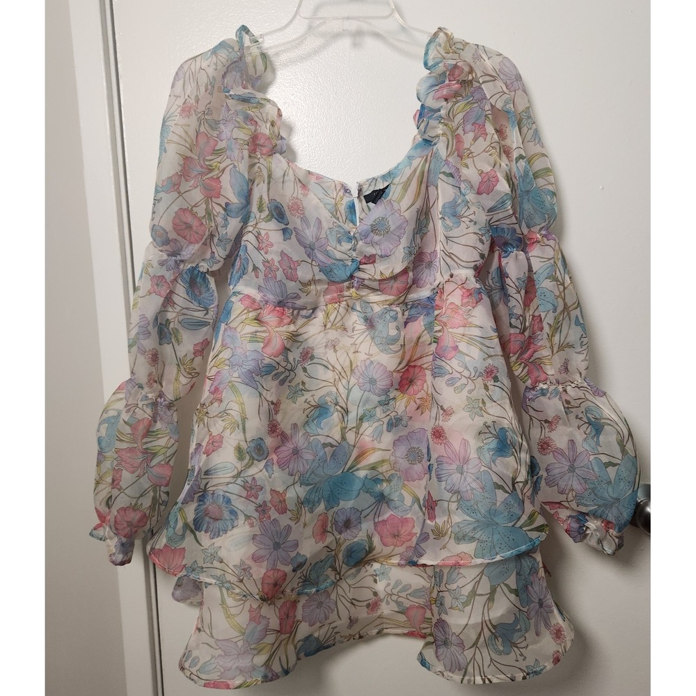 Forever 21 Floral Pastel Organza Puff Sleeve Babydoll Mini Dress Vtg Y2K Medium - Picture 5 of 16